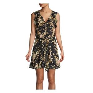 Paige Black Floral Silk Mini Dress Boho Cocktail Hippie Chic Womens L Ruffle Tie